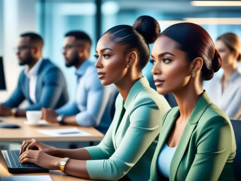 Un ambiente laboral positivo y saludable con empleados concentrados en sus estrategias de trabajo, reflejando serenidad y bienestar mental