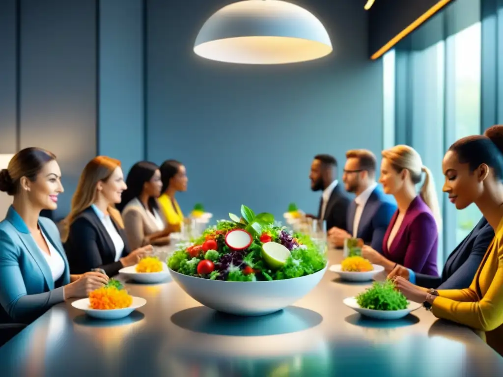 Un ambiente laboral saludable: trabajadores disfrutan de ensaladas coloridas en una mesa moderna y luminosa