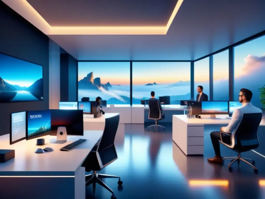 Un ambiente de oficina futurista y minimalista con empleados innovadores rodeados de tecnología avanzada