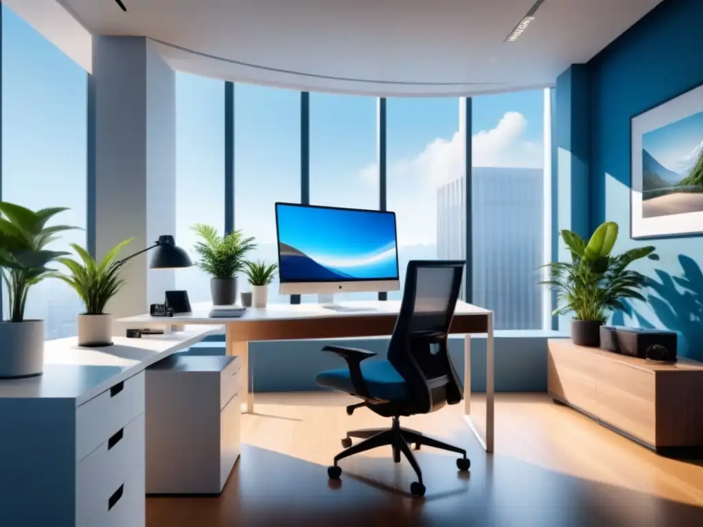 Un ambiente de oficina minimalista con aire limpio, calma y productividad