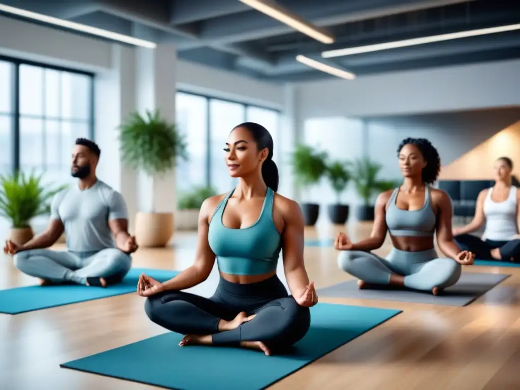 Profesionales diversos disfrutan de bienestar en oficina moderna Un ambiente de oficina moderno y acogedor, con profesionales participando en programas de bienestar en salud