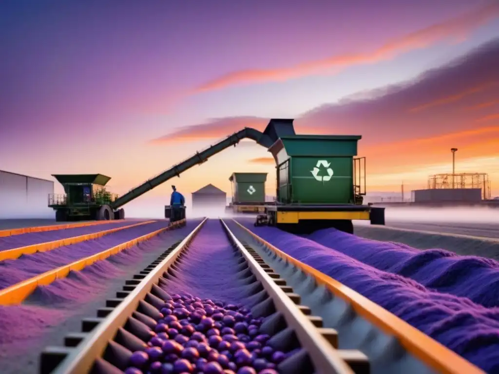 Un ambiente sereno en una planta de reciclaje al atardecer, con trabajadores clasificando materiales bajo un cielo naranja y morado