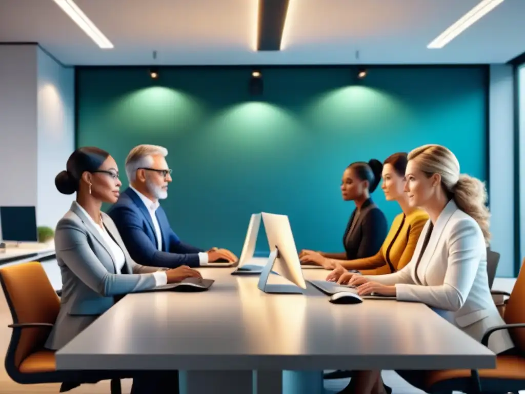 Un ambiente de trabajo armonioso y diverso donde distintas generaciones colaboran juntas, simbolizando la unidad y diversidad en el lugar de trabajo