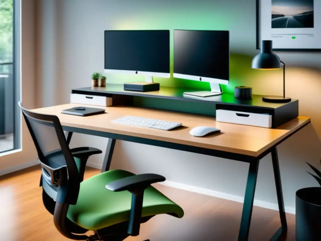 Ambiente de trabajo minimalista y ergonómico en blanco y negro con toques de verde