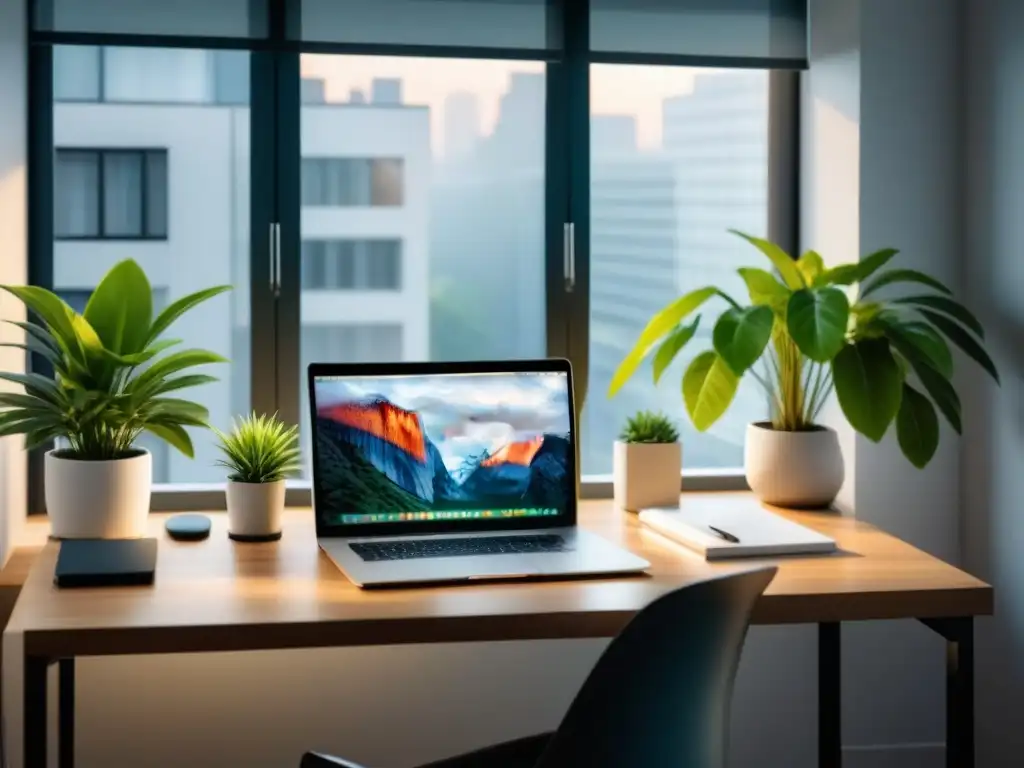 Ambiente de trabajo sereno con plantas, laptop, cuaderno y gafas organizados, generando calma y enfoque para estrategias salud mental trabajo