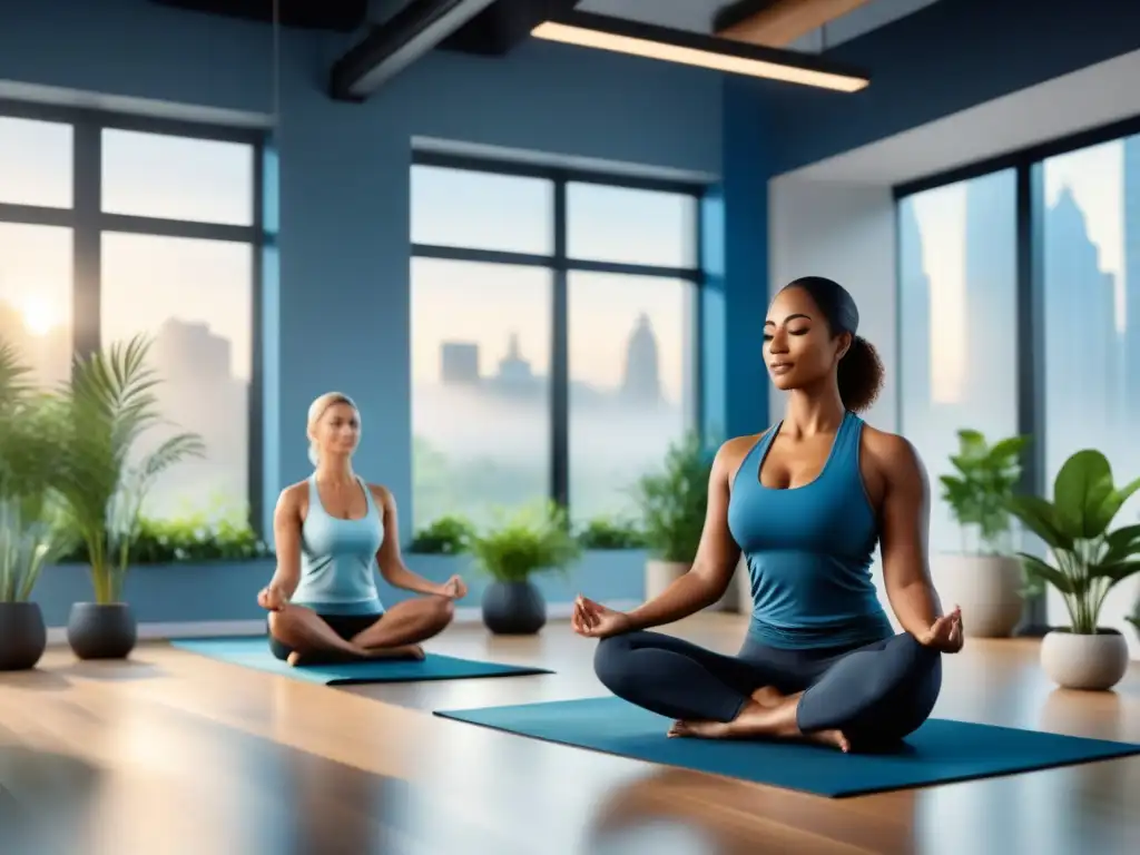 Un ambiente tranquilo y armonioso en una oficina moderna, donde los empleados participan en actividades de bienestar como yoga y meditación