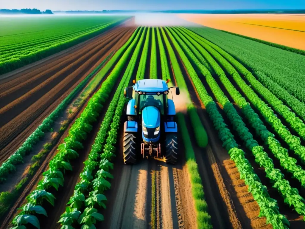 Amplio campo de cultivos verdes con tractor moderno automatizado en agricultura sostenible