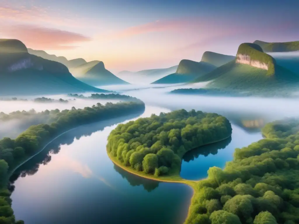 Amplio paisaje sereno al amanecer con río, bosque verde y cielo rosa