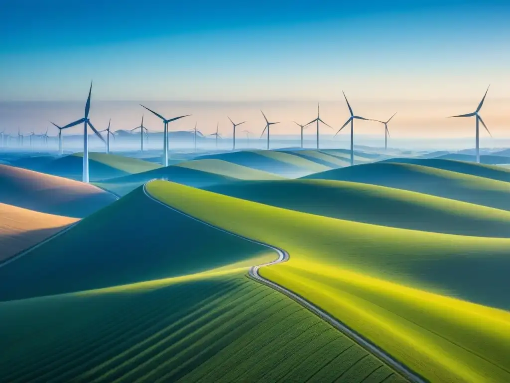 Amplios campos solares con molinos de viento altos girando en el cielo azul