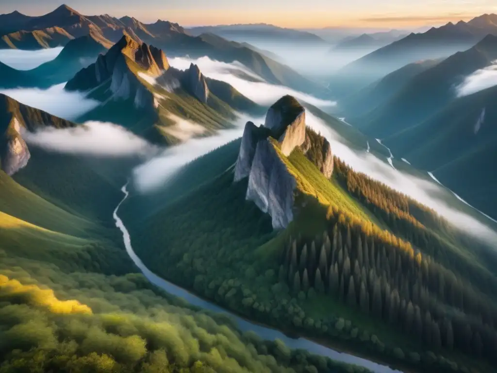 Aplicaciones drones en cinematografía: Vista aérea impresionante de montañas escarpadas al amanecer, bañadas por la cálida luz dorada del sol