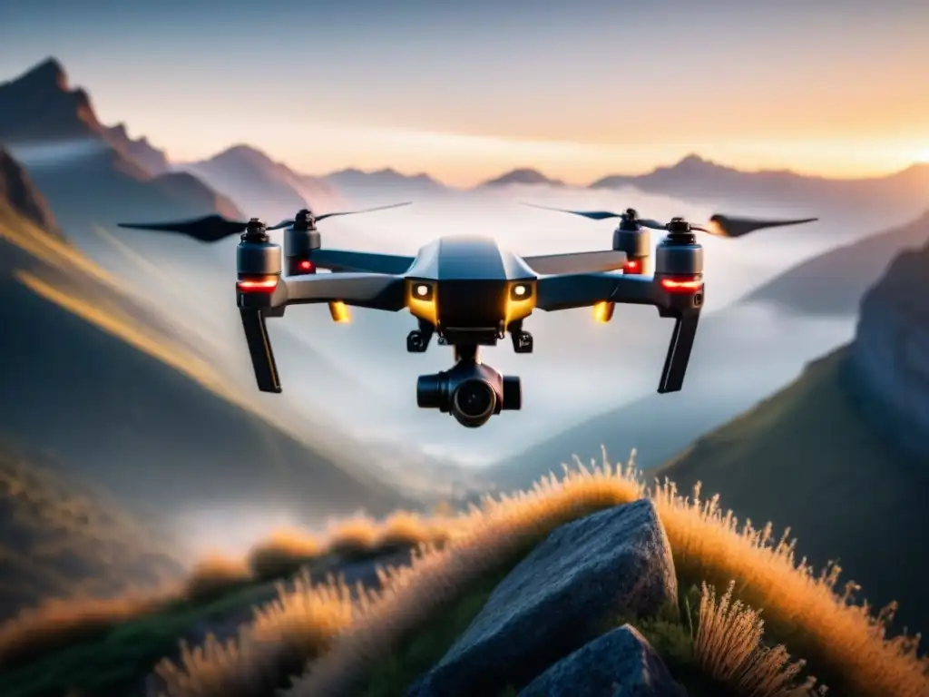 Aplicaciones drones en cinematografía: Drone negro elegante surcando el cielo al amanecer sobre montañas escarpadas