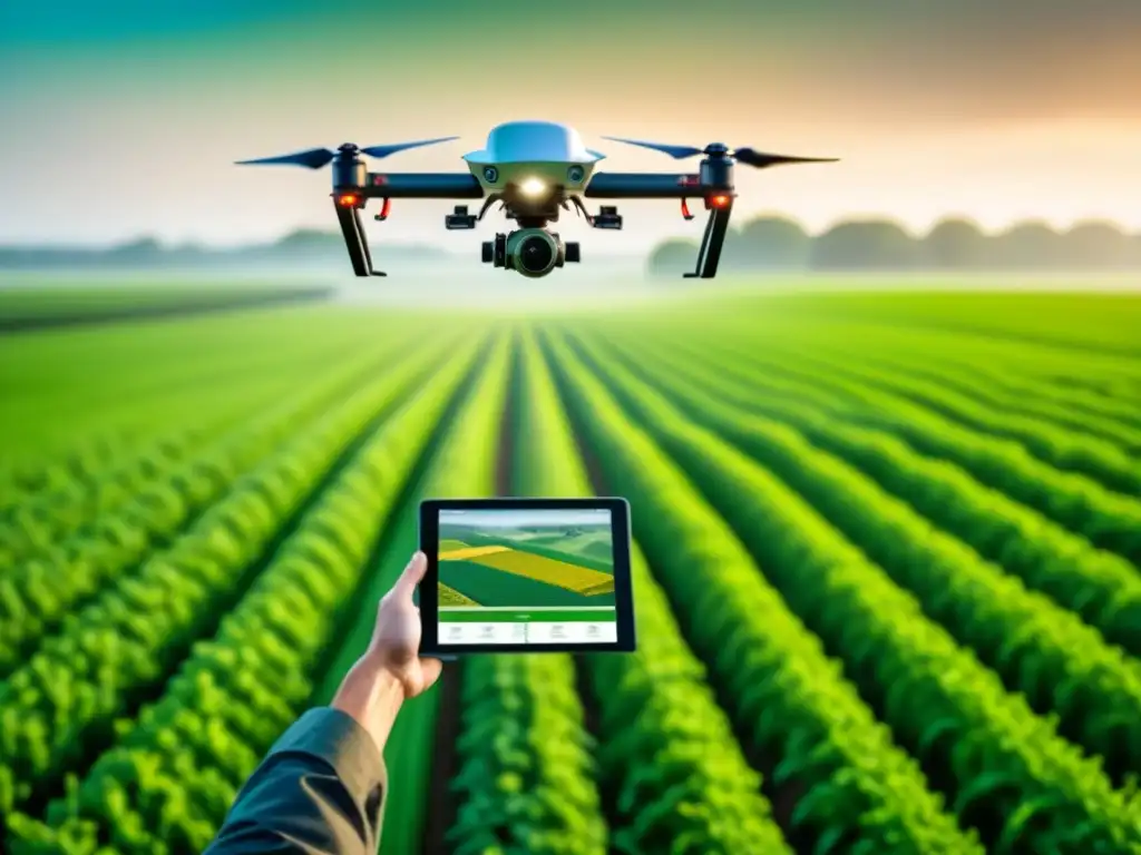 Aplicaciones GIS transformando industria moderna: Campo verde con equipo de agricultura de precisión y tecnología avanzada