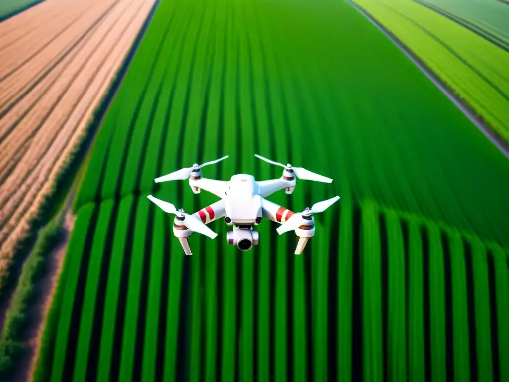 Aplicaciones innovadoras drones ciencia: Drone sobrevolando campo agrícola verde, resaltando tecnología y naturaleza