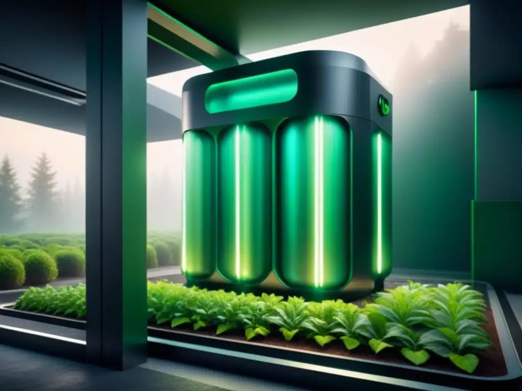 Aplicaciones de nanotecnología en bioprocesamiento: Futurista biorreactor integrando tecnología verde