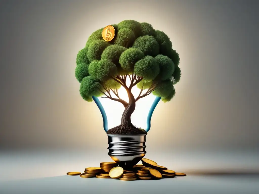 Árbol de innovación financiera para startups, con raíces entrelazadas en monedas y hojas de símbolos monetarios