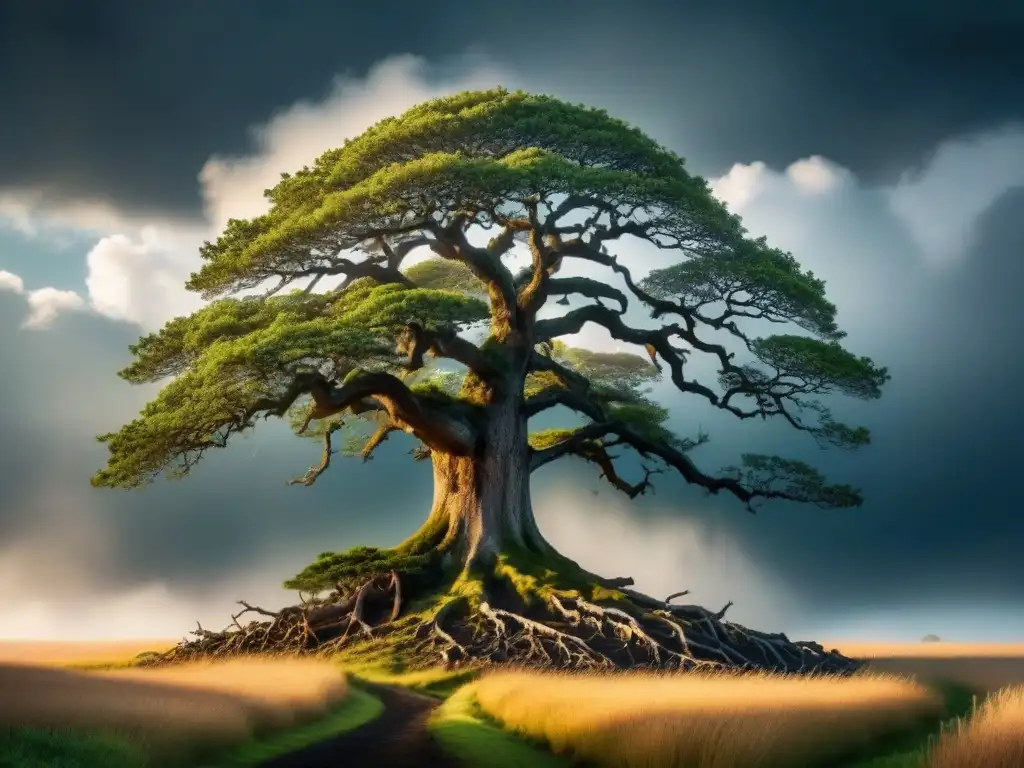 Árbol de roble resistente frente a la tormenta, representando la gestión de la innovación en crisis