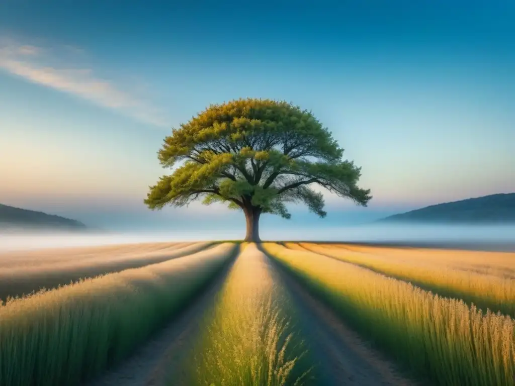 Un árbol solitario en un amplio campo bajo un cielo azul, transmite calma y seguridad, ideal para seguros responsabilidad civil gestión riesgos