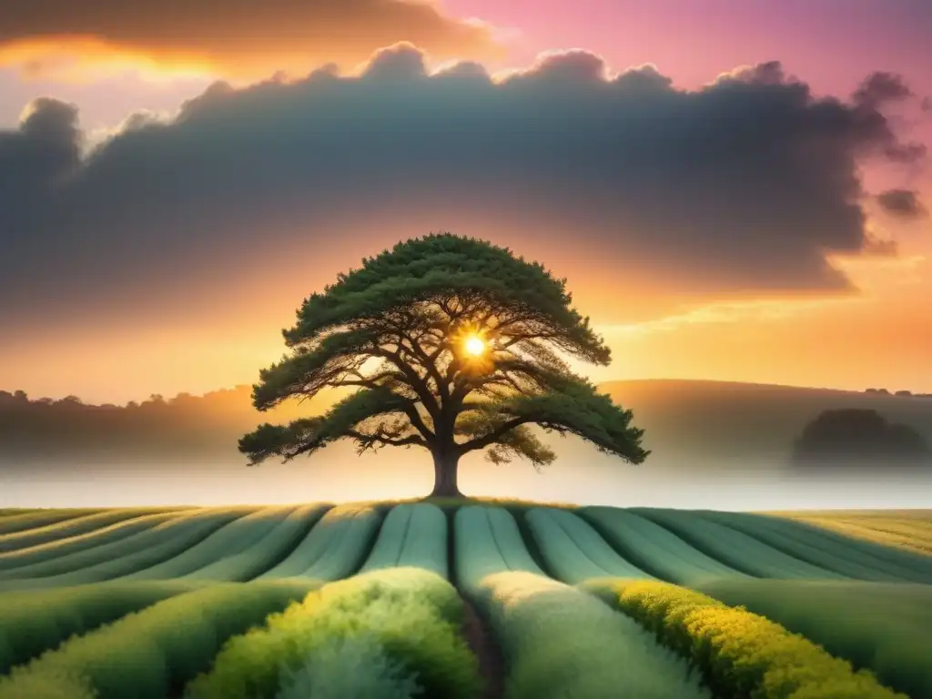 Un árbol solitario destaca en un campo vasto al amanecer, simbolizando fortaleza y esperanza para fortalecer la salud mental de equipos de trabajo