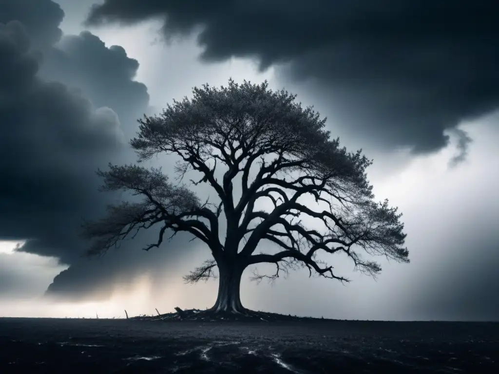 Un árbol solitario en la devastación, muestra la fortaleza ante la tormenta