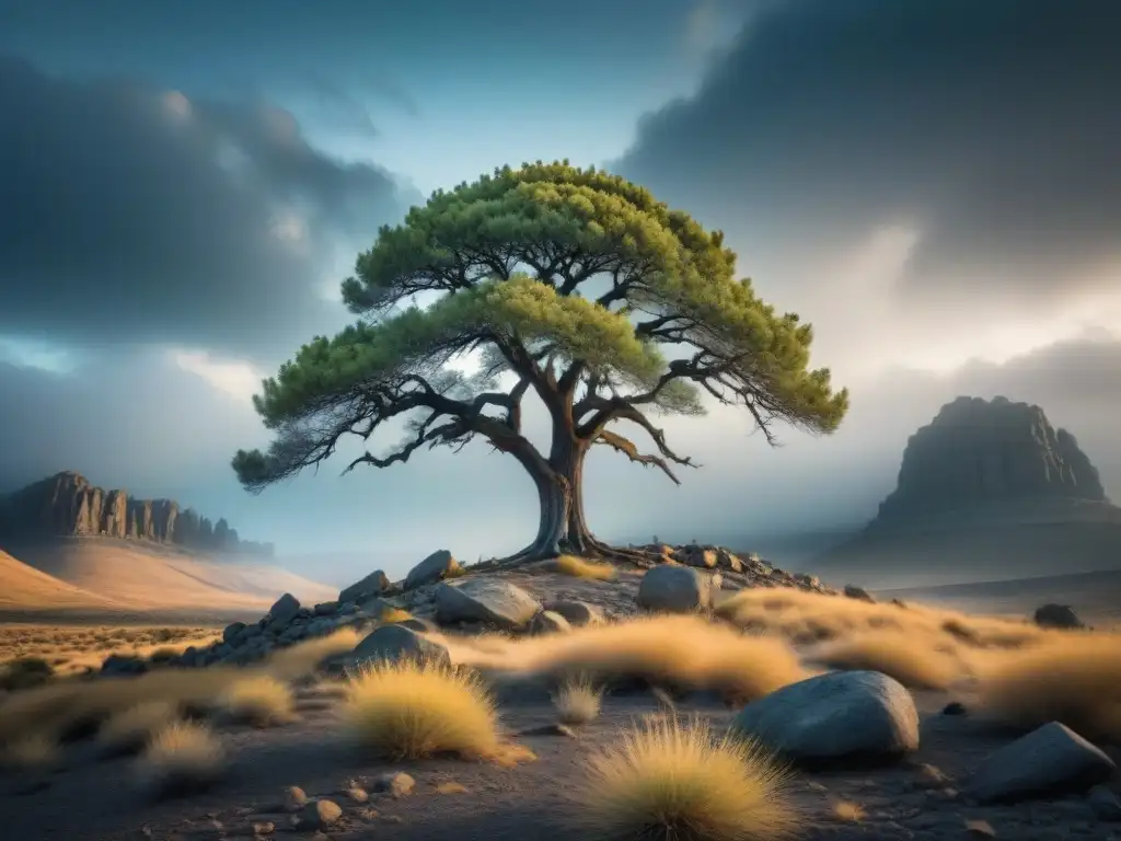 Un árbol solitario destaca en un paisaje rocoso bajo un cielo tormentoso