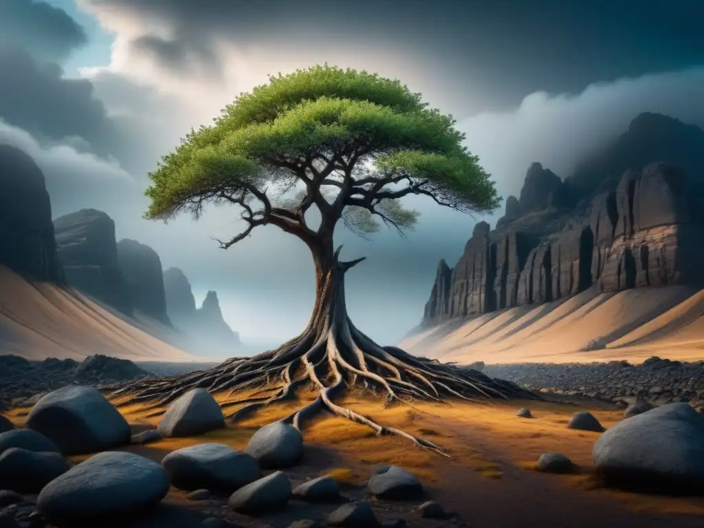 Árbol solitario en paisaje rocoso, raíces fuertes entre las piedras, cielo tormentoso