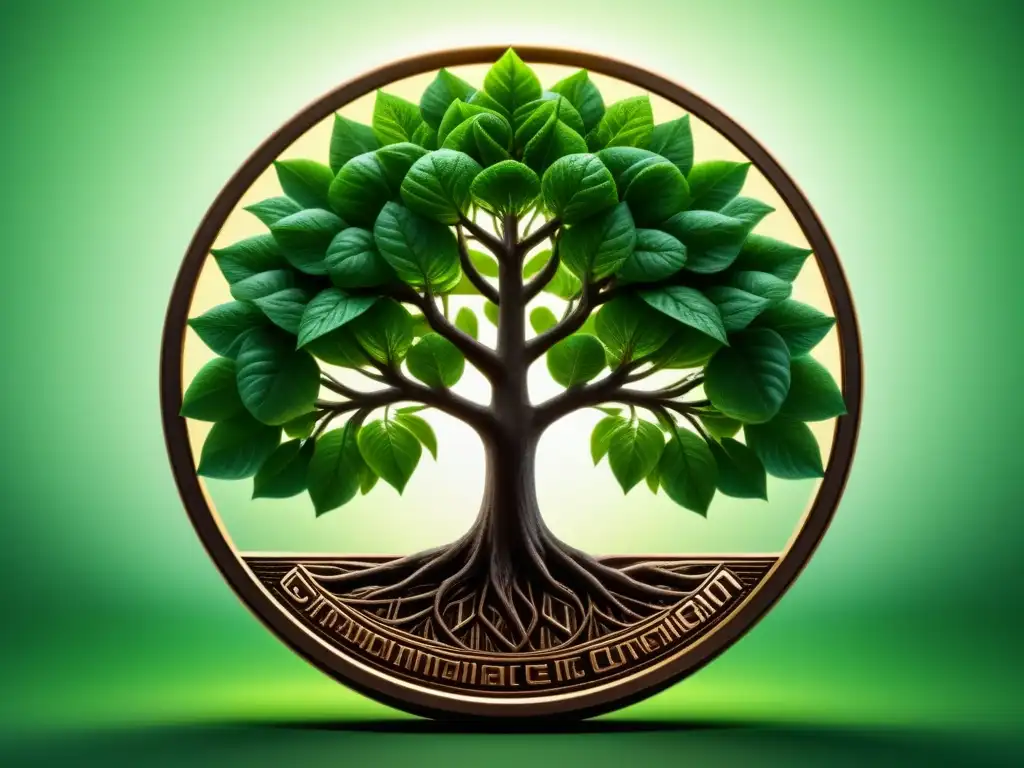 Árbol verde creciendo de moneda digital, fusionando sostenibilidad y criptomonedas en ilustración minimalista impactante