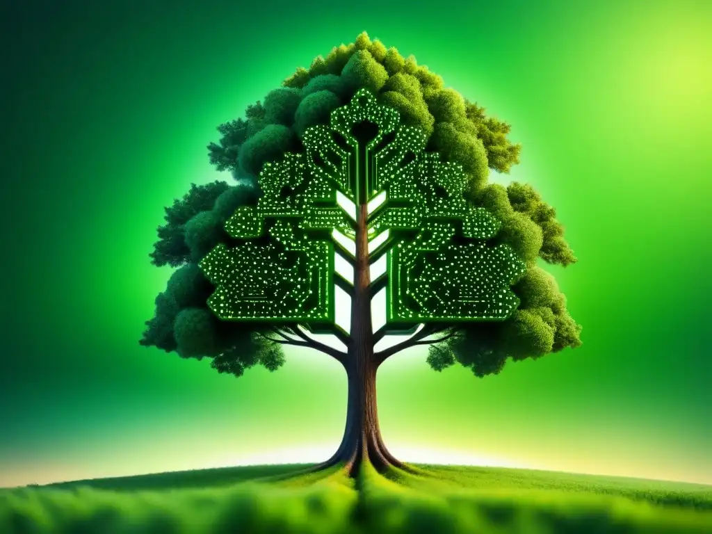Un árbol verde tecnológico conectado, fusionando innovación verde y estrategias de sostenibilidad digitalización