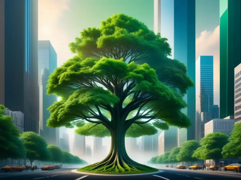 Un árbol verde vibrante crece en una ciudad bulliciosa, simbolizando la gestión de innovación intersectorial sostenible