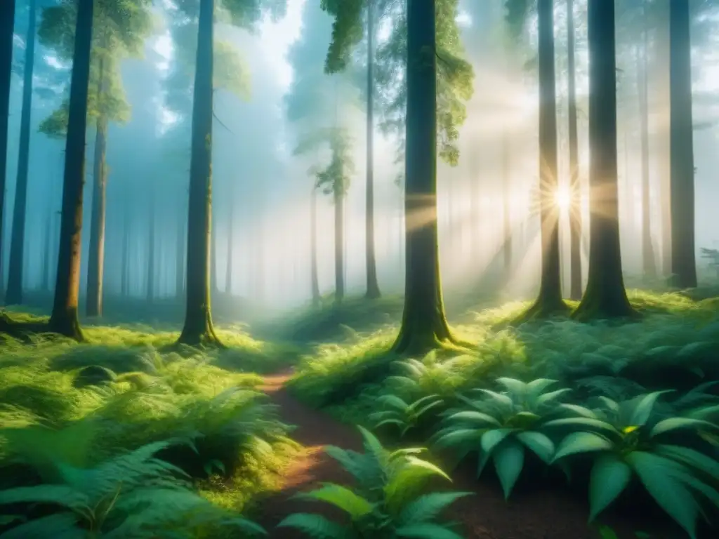 Bosque virgen con árboles majestuosos y luz filtrada, transmitiendo tranquilidad y la importancia de las prácticas de extracción sostenible