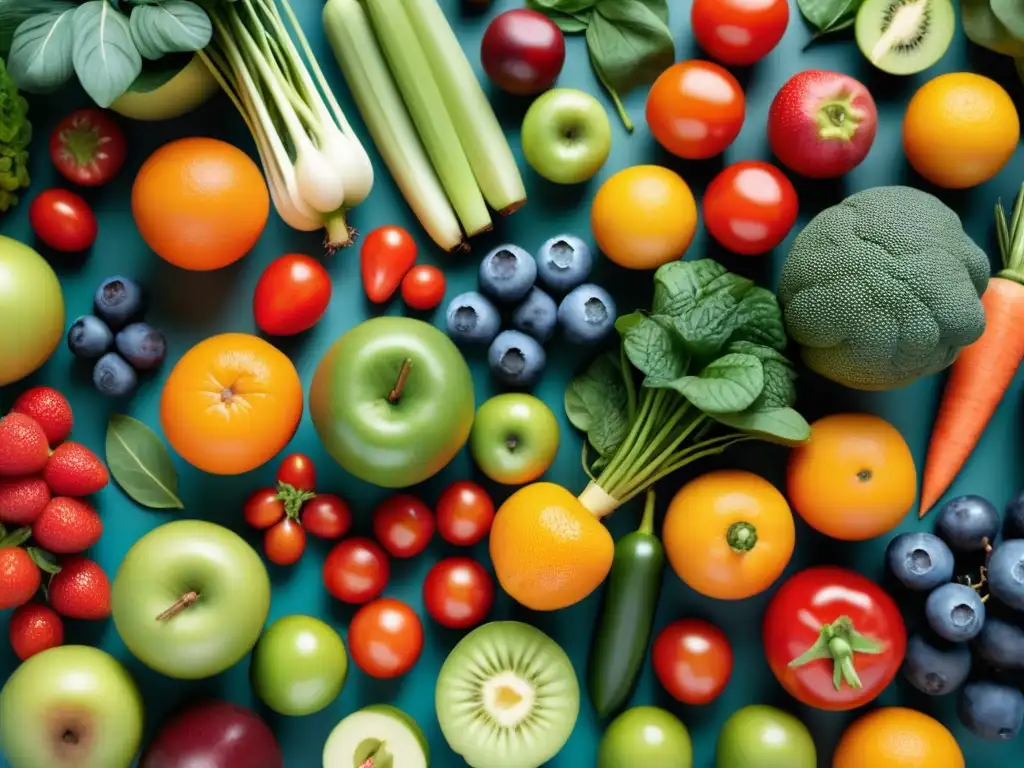 Armonía natural: Frutas y verduras frescas en patrón simétrico Un arcoíris de alimentos frescos y coloridos en perfecta simetría