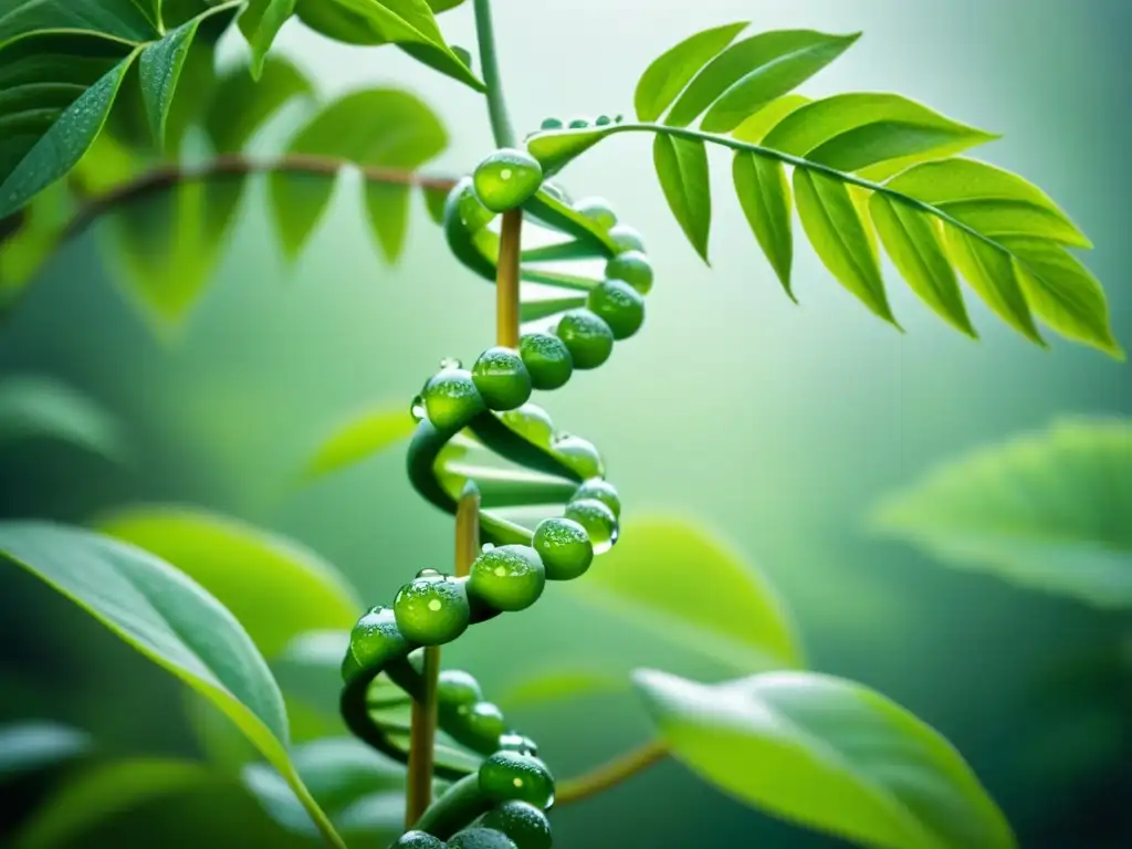 Armonía entre ingeniería genética y descontaminación ambiental: ADN entrelazado con hojas verdes y gotas de agua