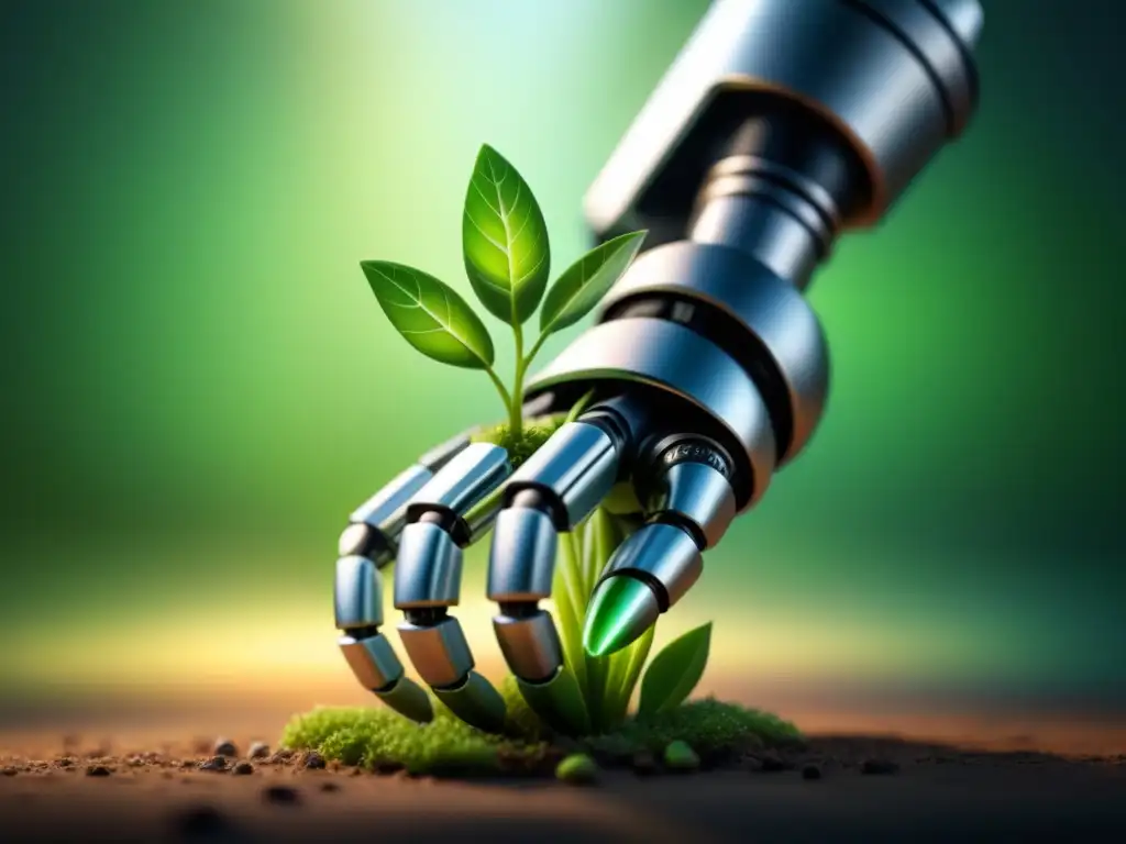Robótica sustentable: un brazo plateado acuna una planta verde Armonía entre la Inteligencia Artificial y la sostenibilidad ambiental: brazo robótico plateado cuida brote verde