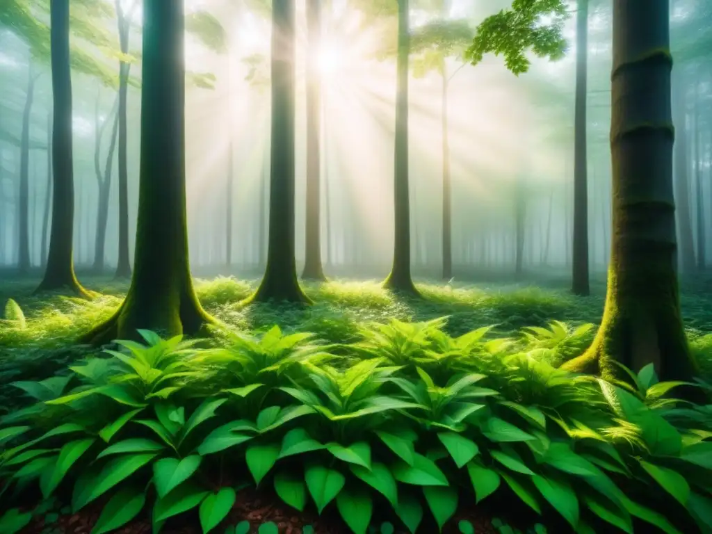 Armonía natural en un bosque verde, con luz filtrándose entre las hojas