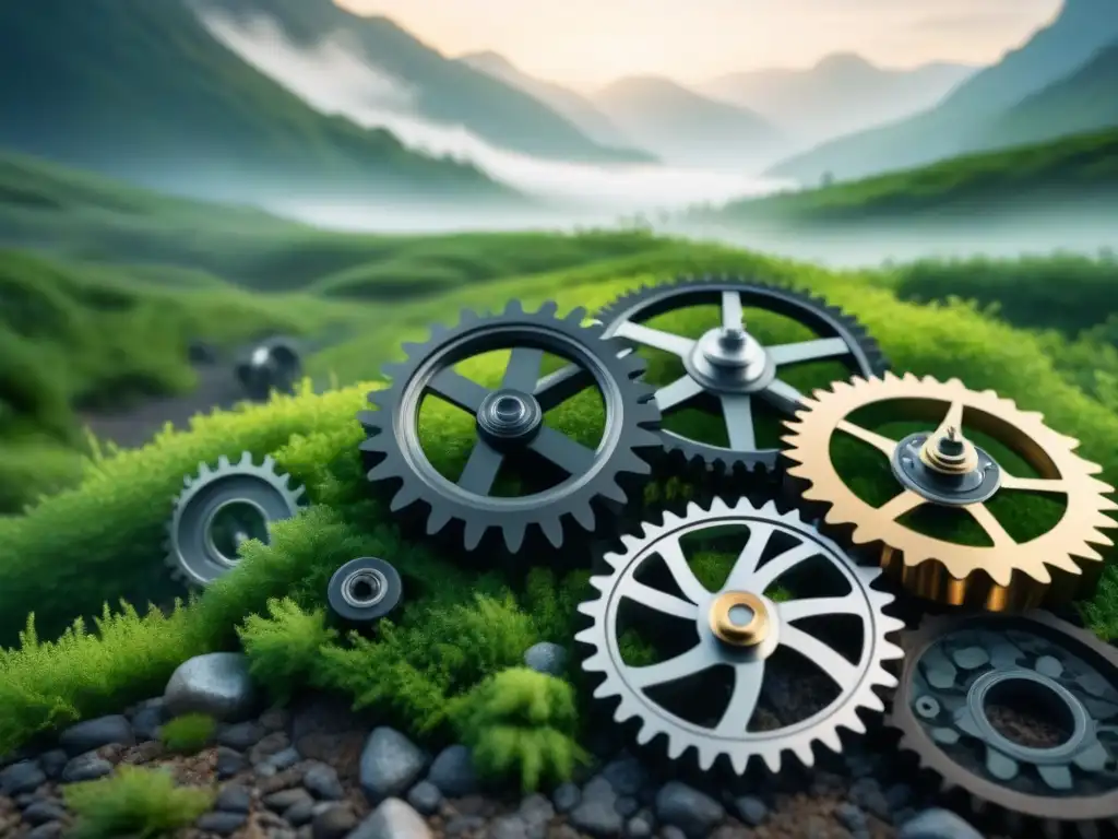 Diseño moderno de engranajes conectados: sostenibilidad industrial Armonía entre naturaleza y tecnología: ilustración minimalista de engranajes conectados