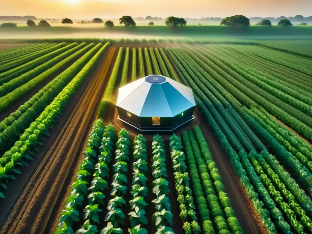 Armonía de sensores fotónicos agricultura de precisión en campo verde, bañado por luz dorada