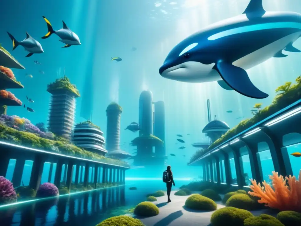 Explora la armonía entre tecnología y naturaleza en una ciudad submarina futurista con innovaciones tecnológicas en recursos marinos