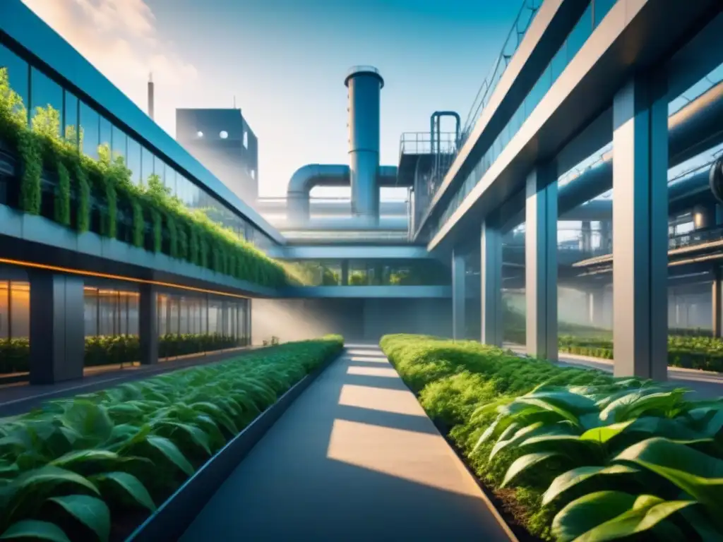 Armonía entre tecnología y naturaleza: planta industrial futurista con estructuras metálicas y vegetación exuberante