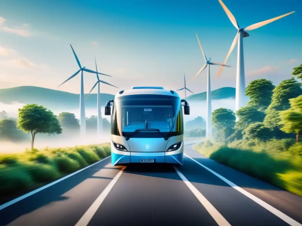 Armonía entre transporte sostenible y naturaleza con un autobús eléctrico en un paisaje verde y limpio