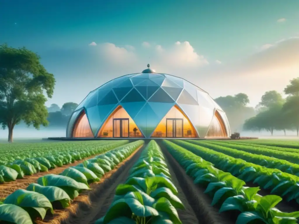 Una cúpula agrícola futurista muestra una armoniosa fusión de tecnología y naturaleza