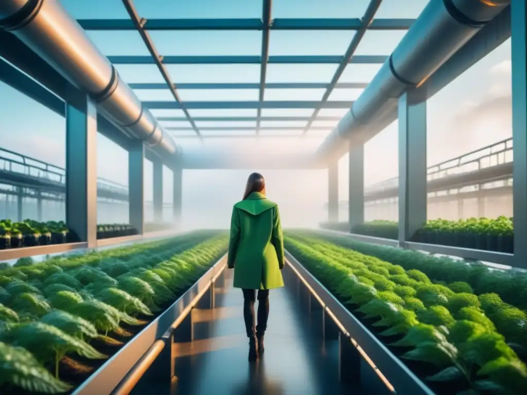 Planta industrial futurista: tecnología y naturaleza en armonía Arquitectura futurista con Inteligencia Artificial en Impacto Ambiental: estructuras metálicas y vegetación se entrelazan en armonía sostenible
