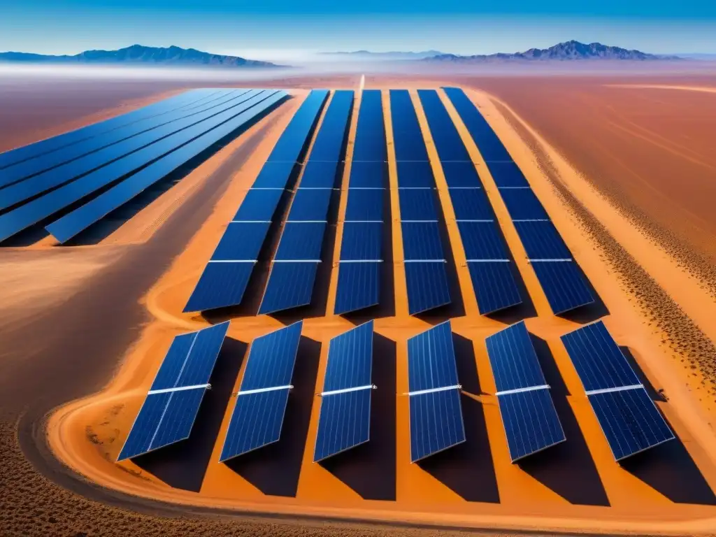 Array de paneles solares en el desierto, reflejando la luz del sol