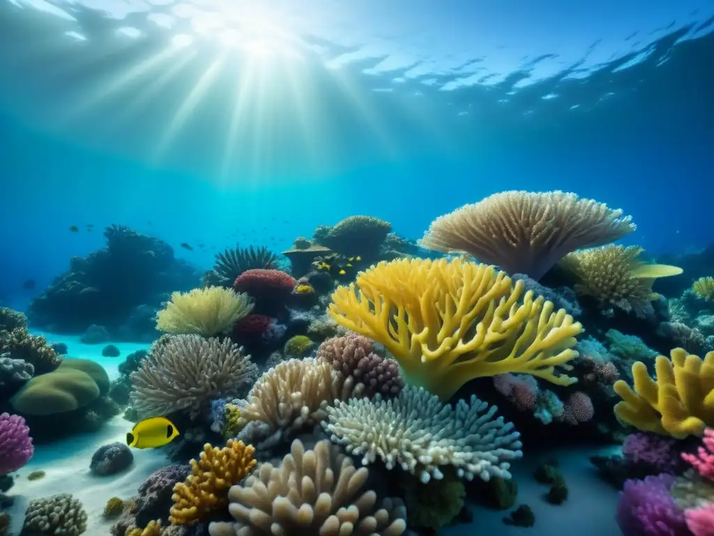 Un arrecife de coral exuberante y colorido, rodeado de aguas cristalinas, mostrando la biodiversidad marina