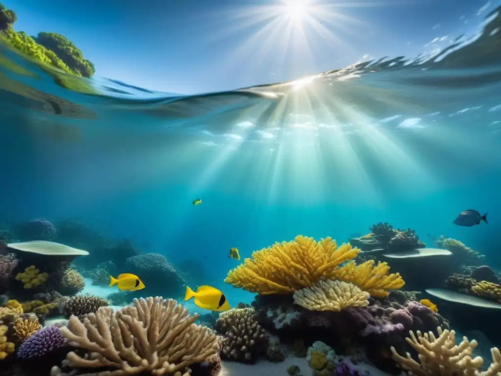 Un arrecife de coral vibrante con peces coloridos nadando entre las ramas, resaltando la ética en la explotación marina