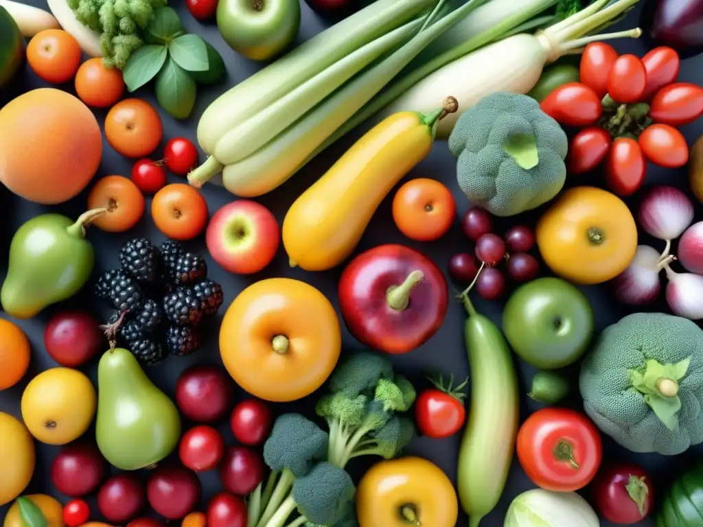 Arreglo vibrante de frutas y verduras en fondo blanco, alimentos funcionales para enfermedades crónicas