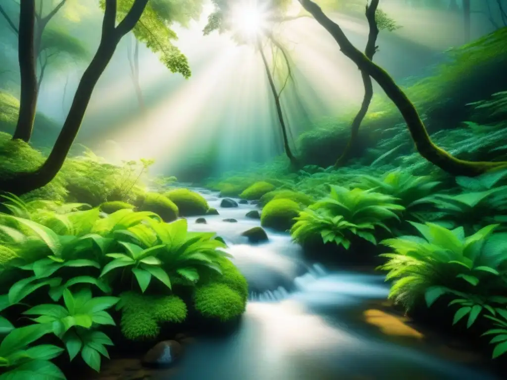 Arroyo cristalino en el bosque, resplandor solar entre hojas verdes