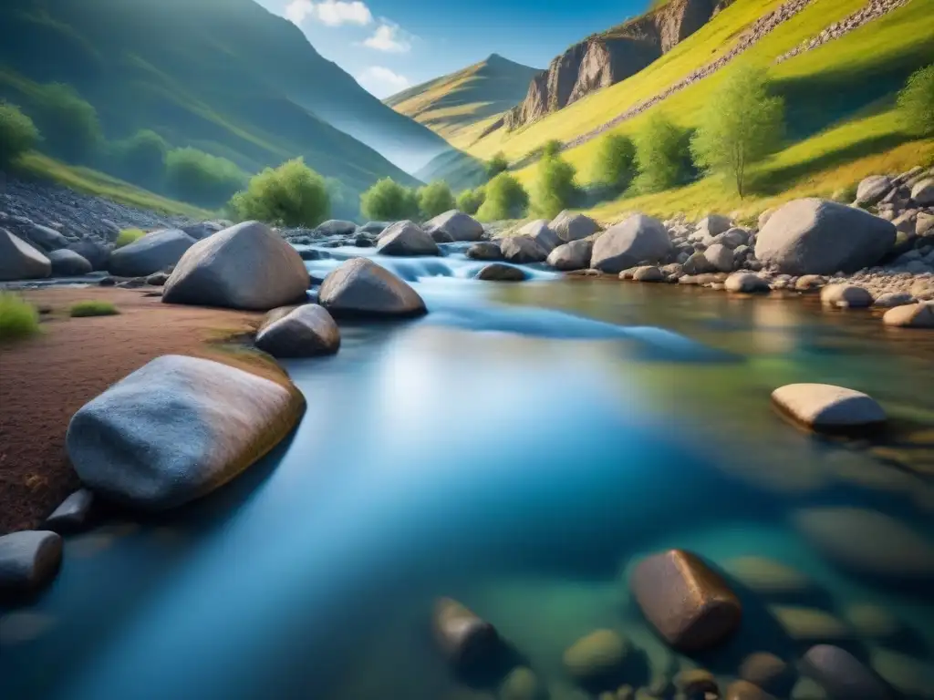 Arroyo de montaña limpio y sereno, reflejando la naturaleza, para resaltar la importancia de la limpieza de aguas residuales minera