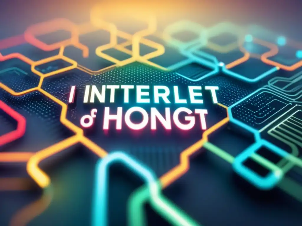 Una representación artística de la electrónica impresa en IoT, con circuitos entrelazados en colores vibrantes