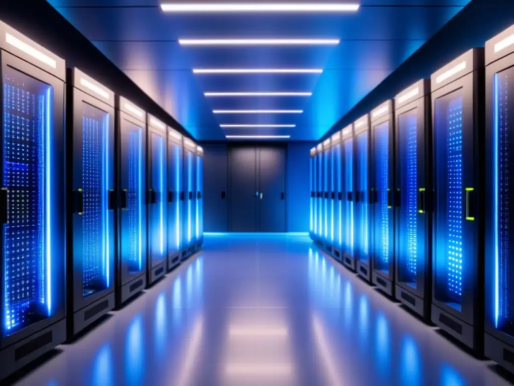 Un asombroso cuarto de servidores futurista en azul, con servidores de alto rendimiento y compleja tecnología