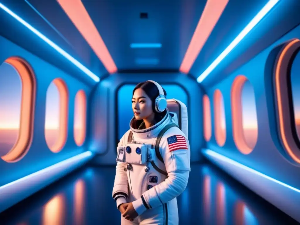 Un astronauta practicando mindfulness en un hábitat espacial futurista, resaltando el bienestar psicológico en el espacio