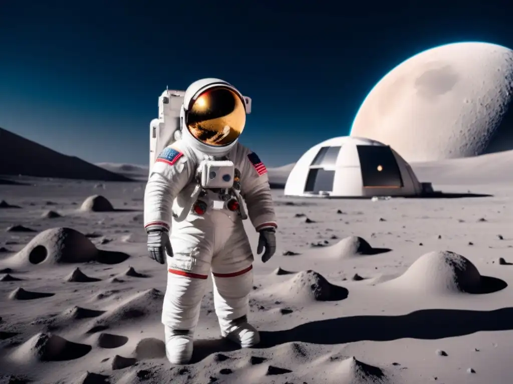 Un astronauta contempla un hábitat lunar sostenible futurista, con la Tierra al fondo